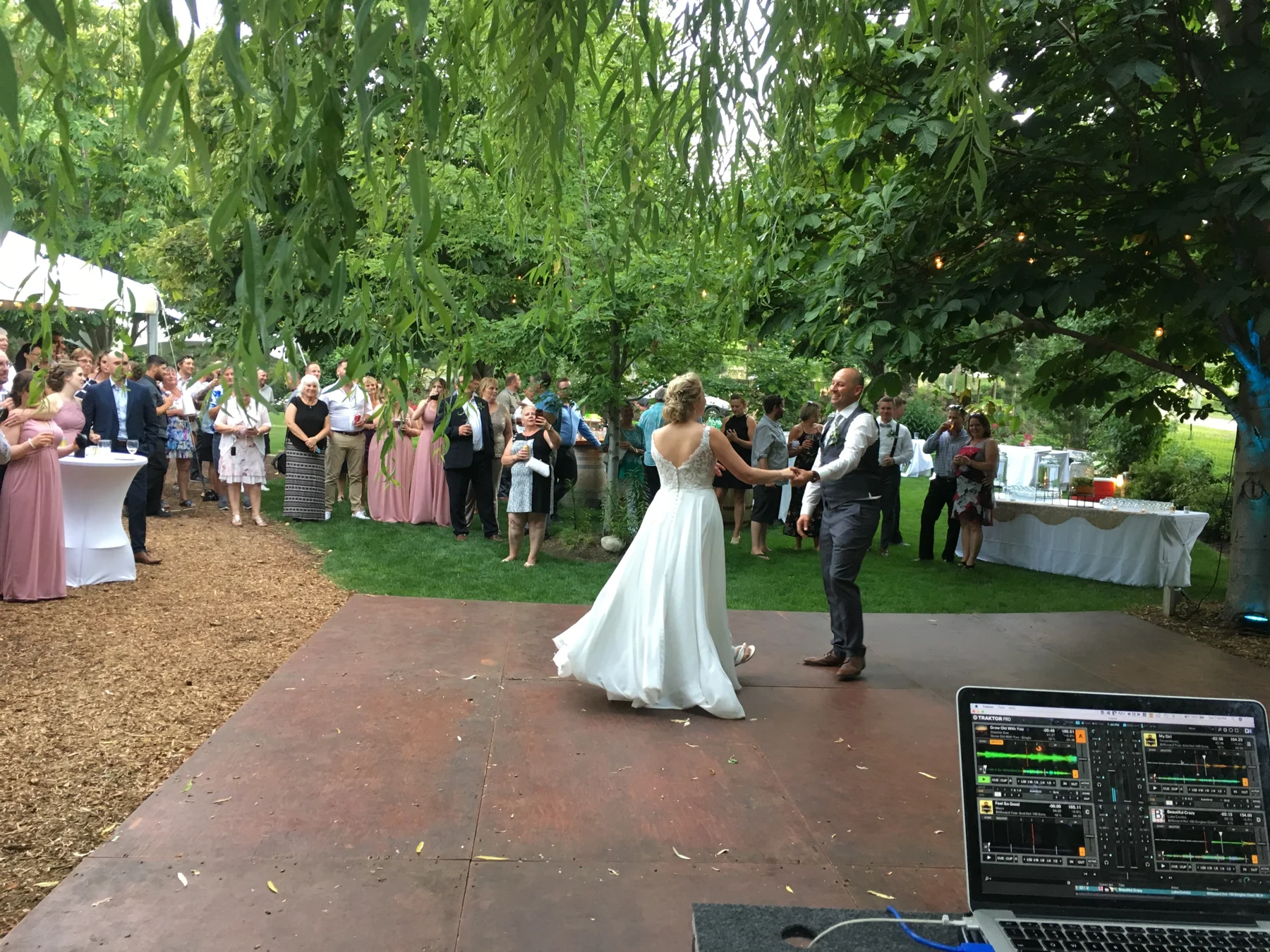 A couple sharing their first dance beneath a willow tree, surrounded by wedding guests